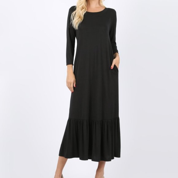 Black ruffle hem modest midi dress M, L - Picture 3 of 3